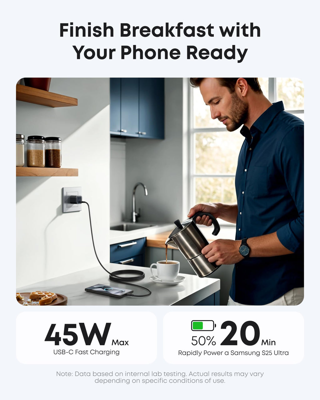 Anker charger with USB-C cable charging Samsung S25 Ultra for breakfast.