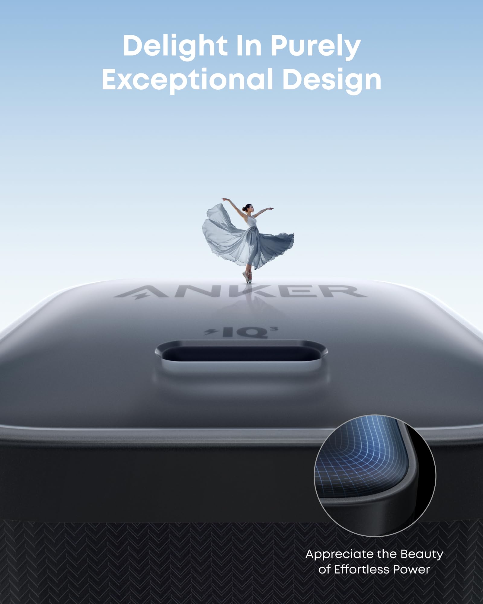 Anker with elegant charging port and ballet dancer for exceptional design.