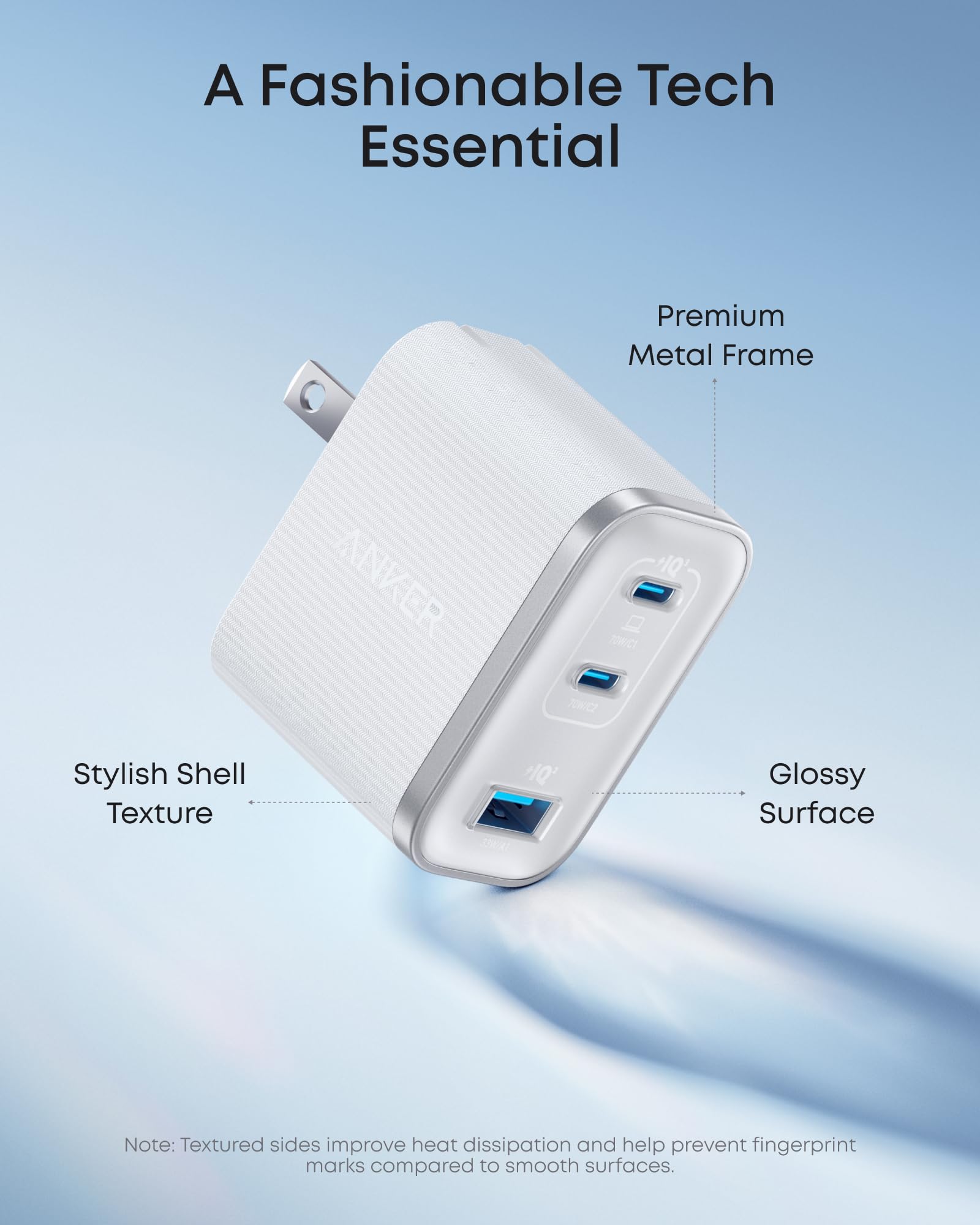 Anker charger with glossy surface and stylish shell texture for elegant design