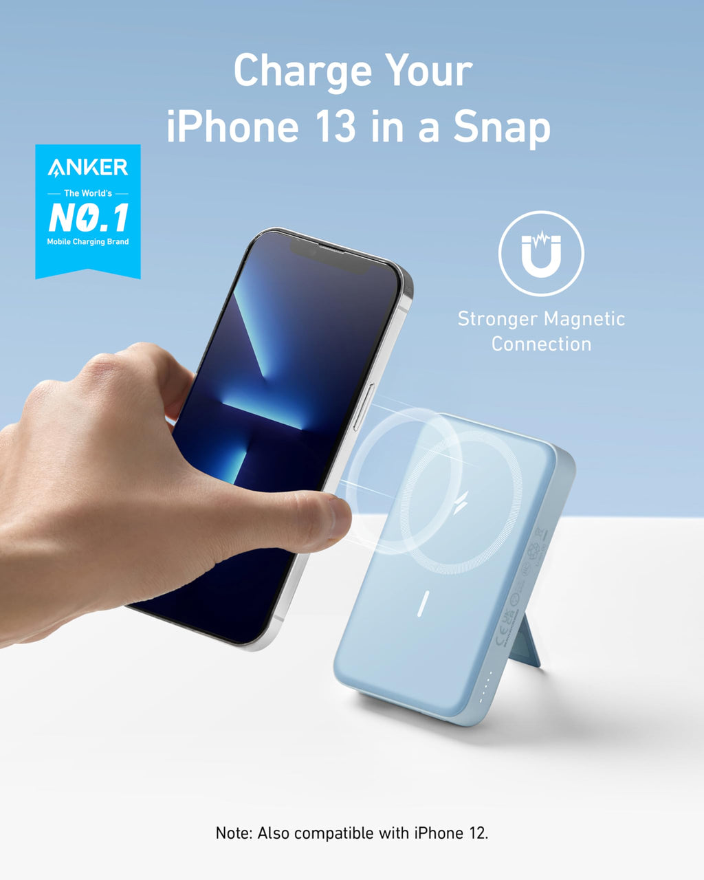 Anker with blue magnetic charger for iPhone 13 shown with hand