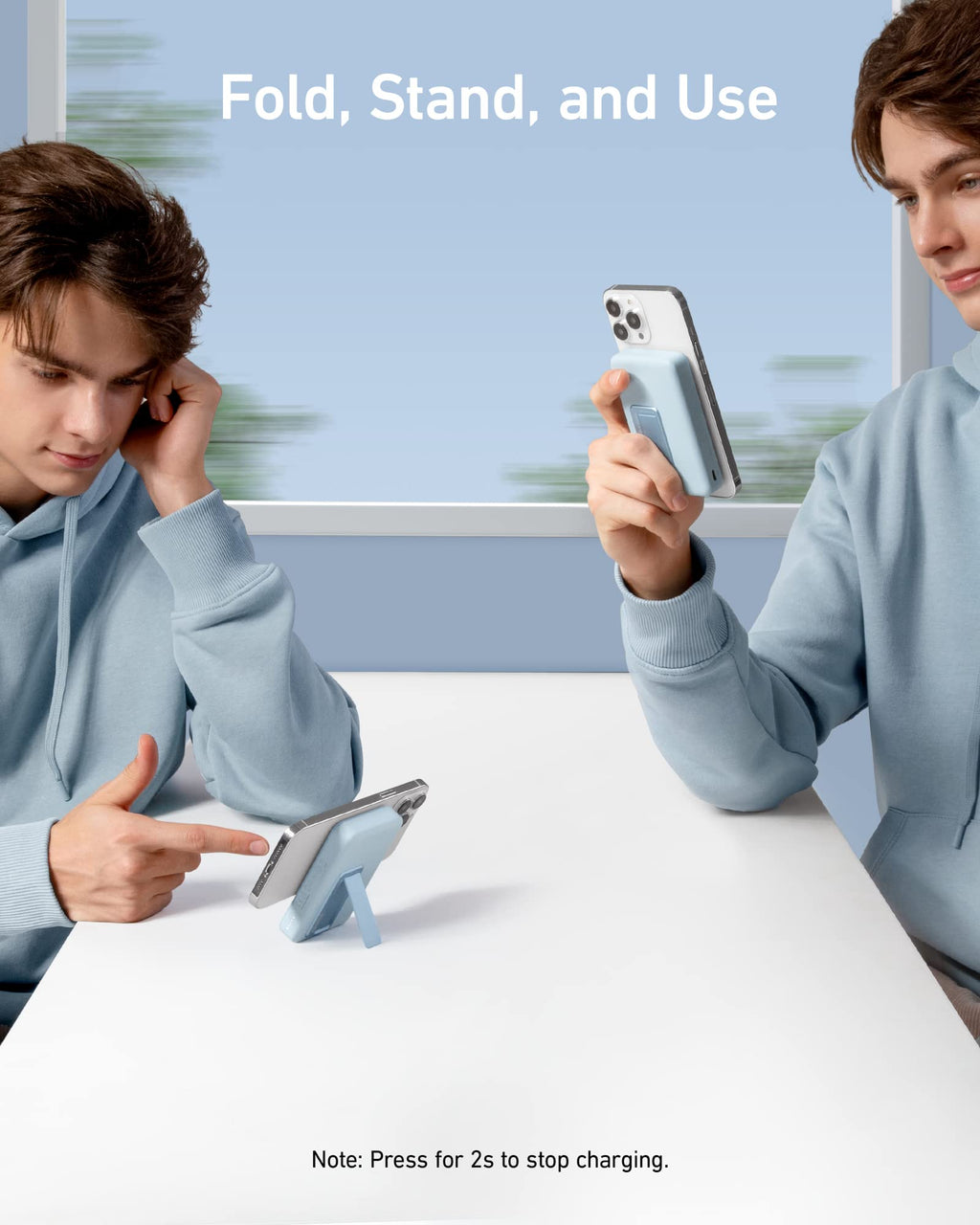 Anker foldable stand for smartphone with charging function.