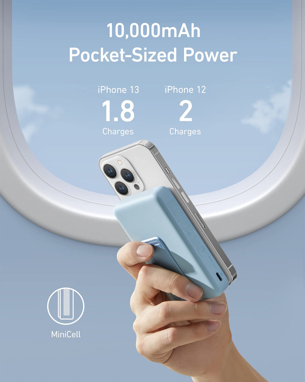 Anker MiniCell pocket-sized power bank with iPhone, 10,000mAh capacity.