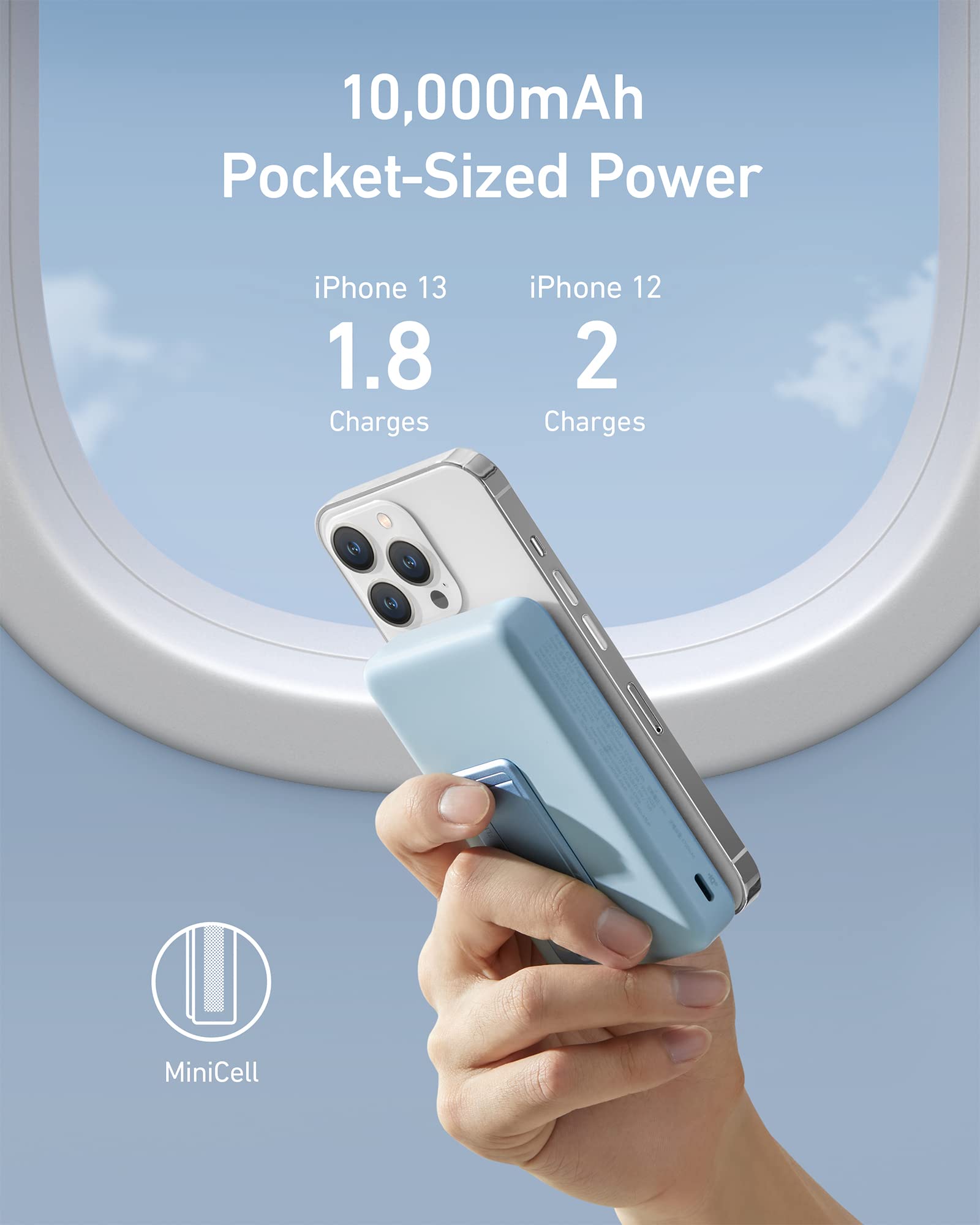 Anker MiniCell pocket-sized power bank with iPhone, 10,000mAh capacity.