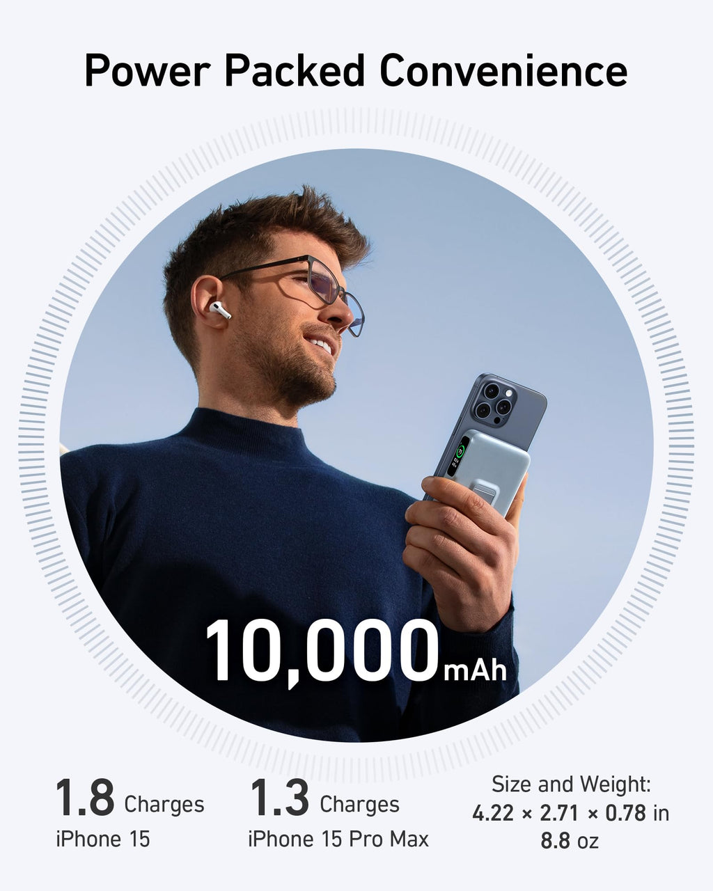 Anker holding iPhone 15 with 10,000mAh power bank for portable charging.