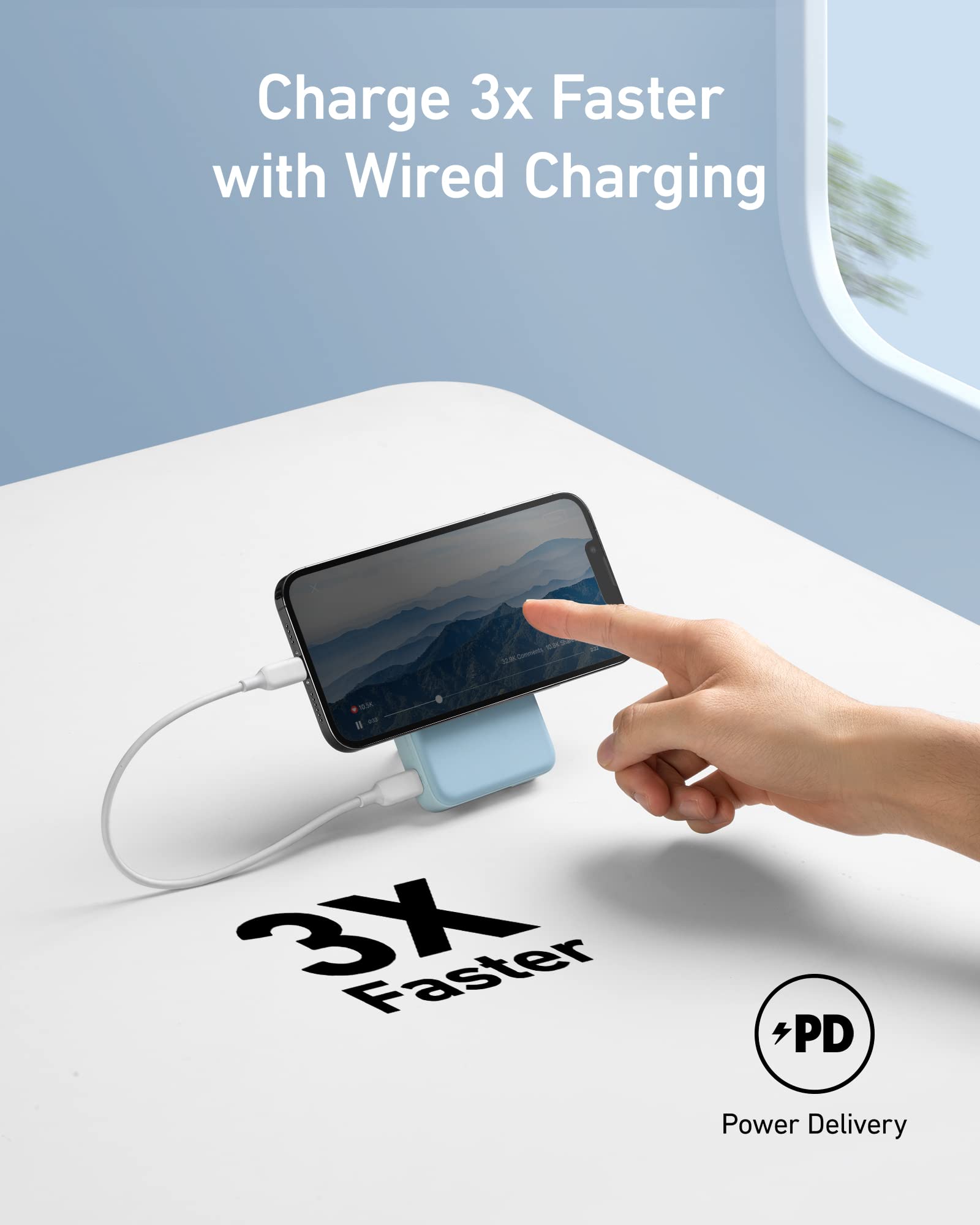 Anker PD power bank for smartphone charging with 3X faster wired charging.