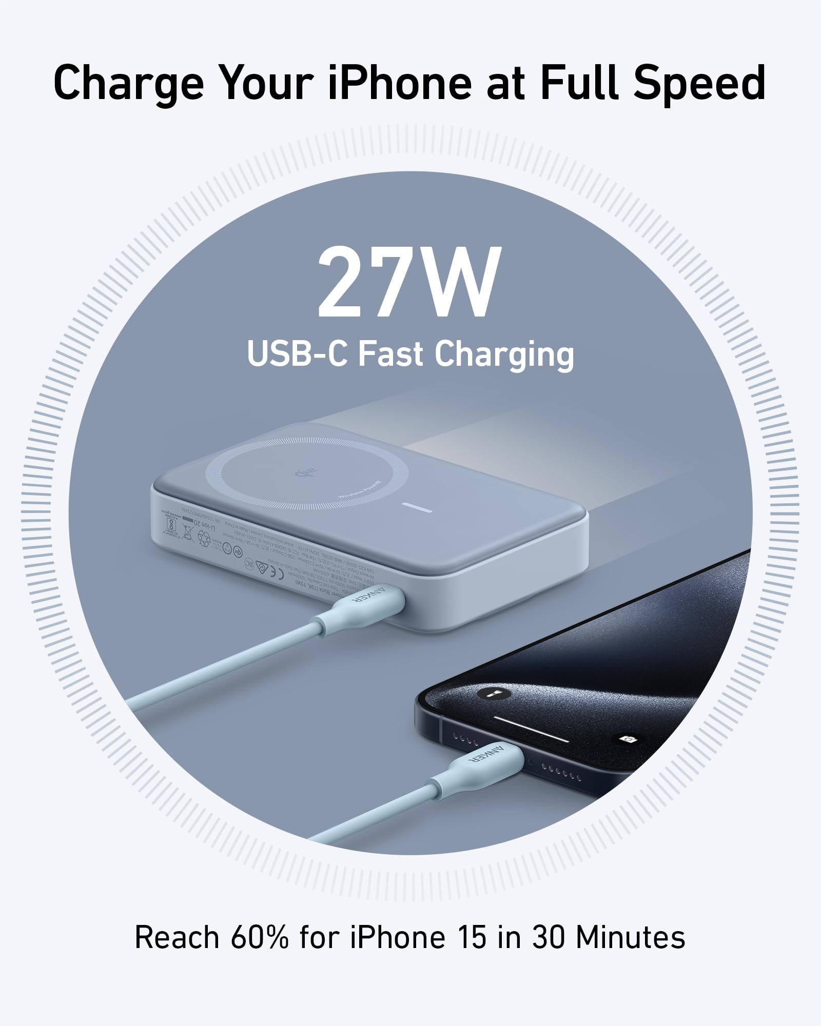 Anker 27W USB-C fast charging for iPhone 15 with charging cable.