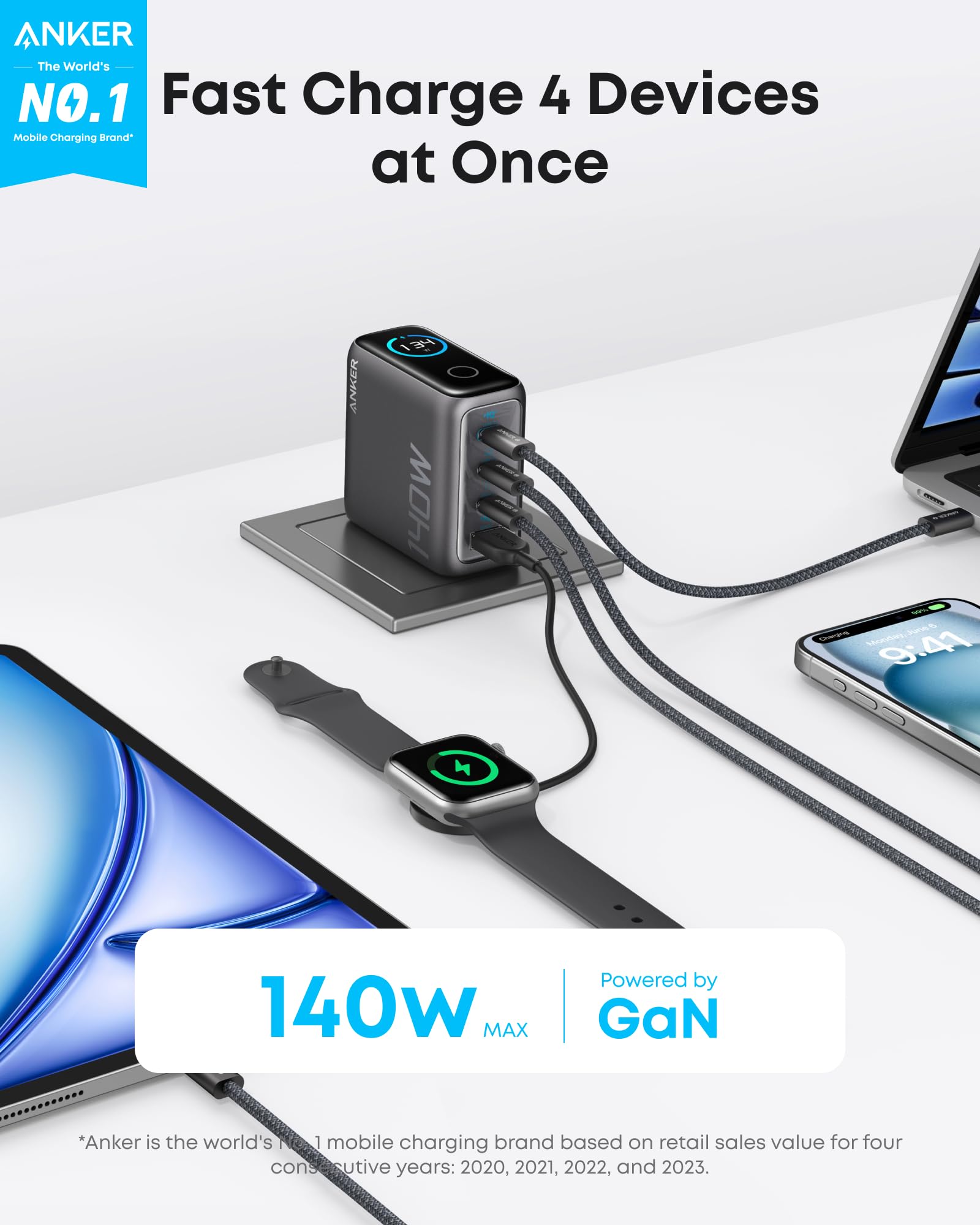Anker charging cube fast-charging four devices with GaN 140W