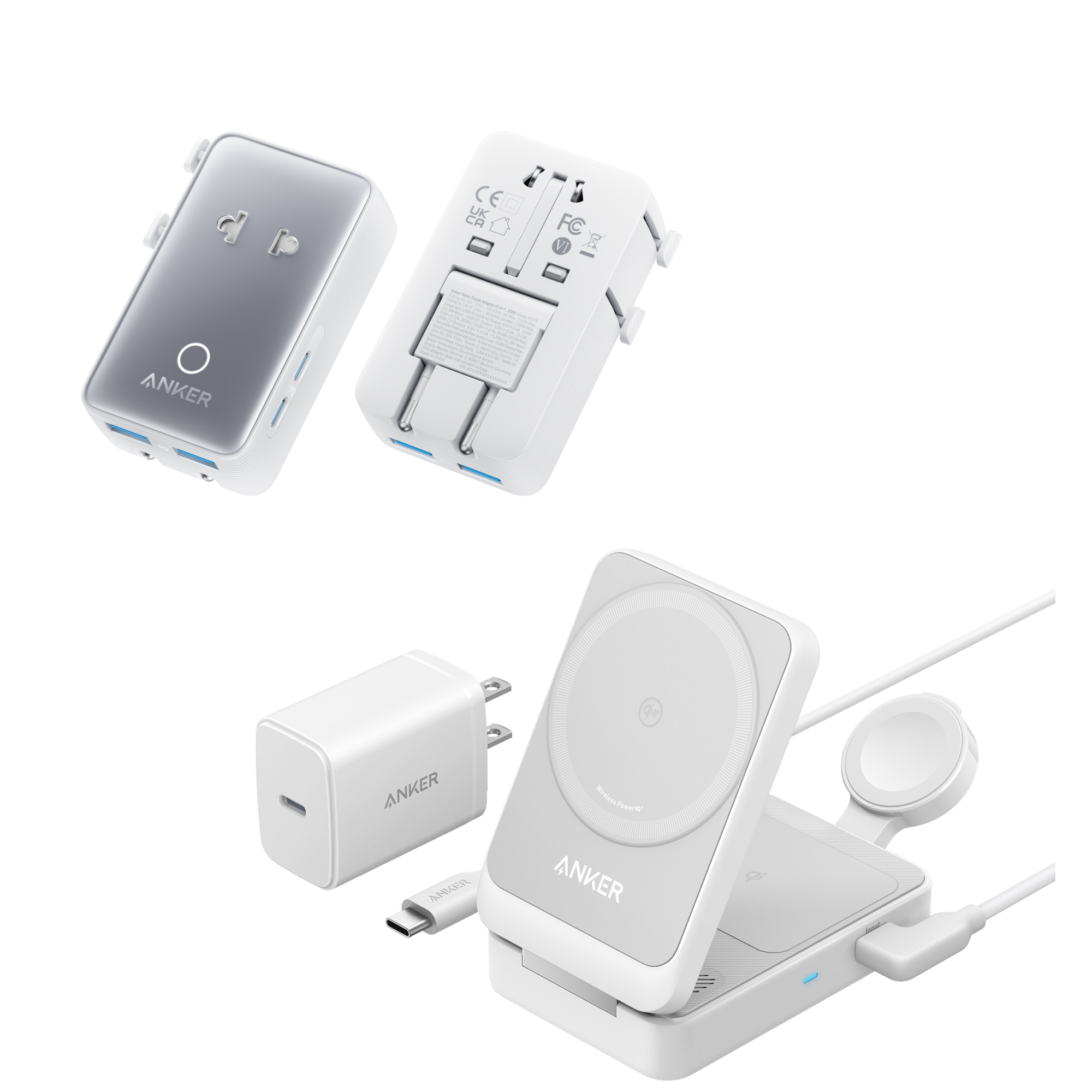 MagGo Wireless Charging Station (Foldable 3-in-1) and Nano Travel Adapter (5-in-1, 20W, 1-Pack)