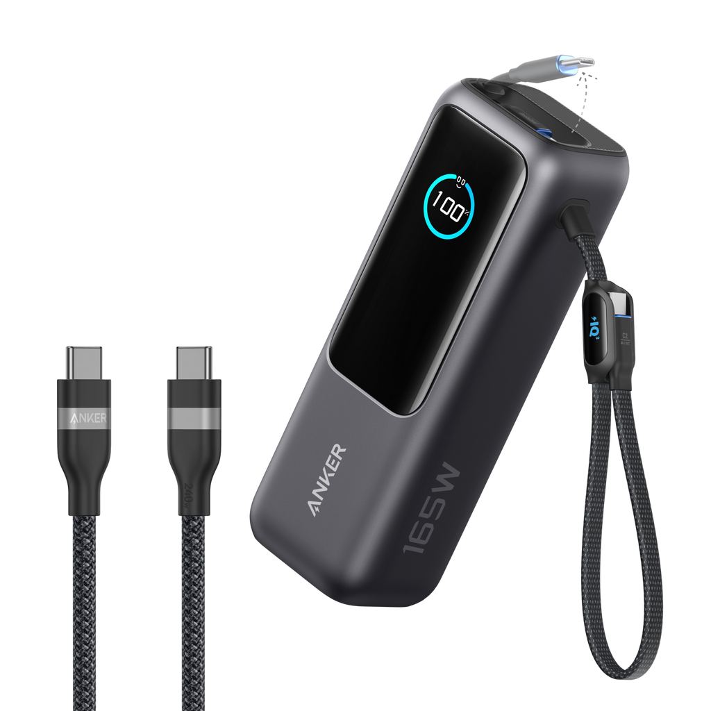 Laptop Power Bank (25K, 165W, Built-In and Retractable Cables) and USB-C to USB-C Cable (6 ft, 240W, Upcycled-Braided)