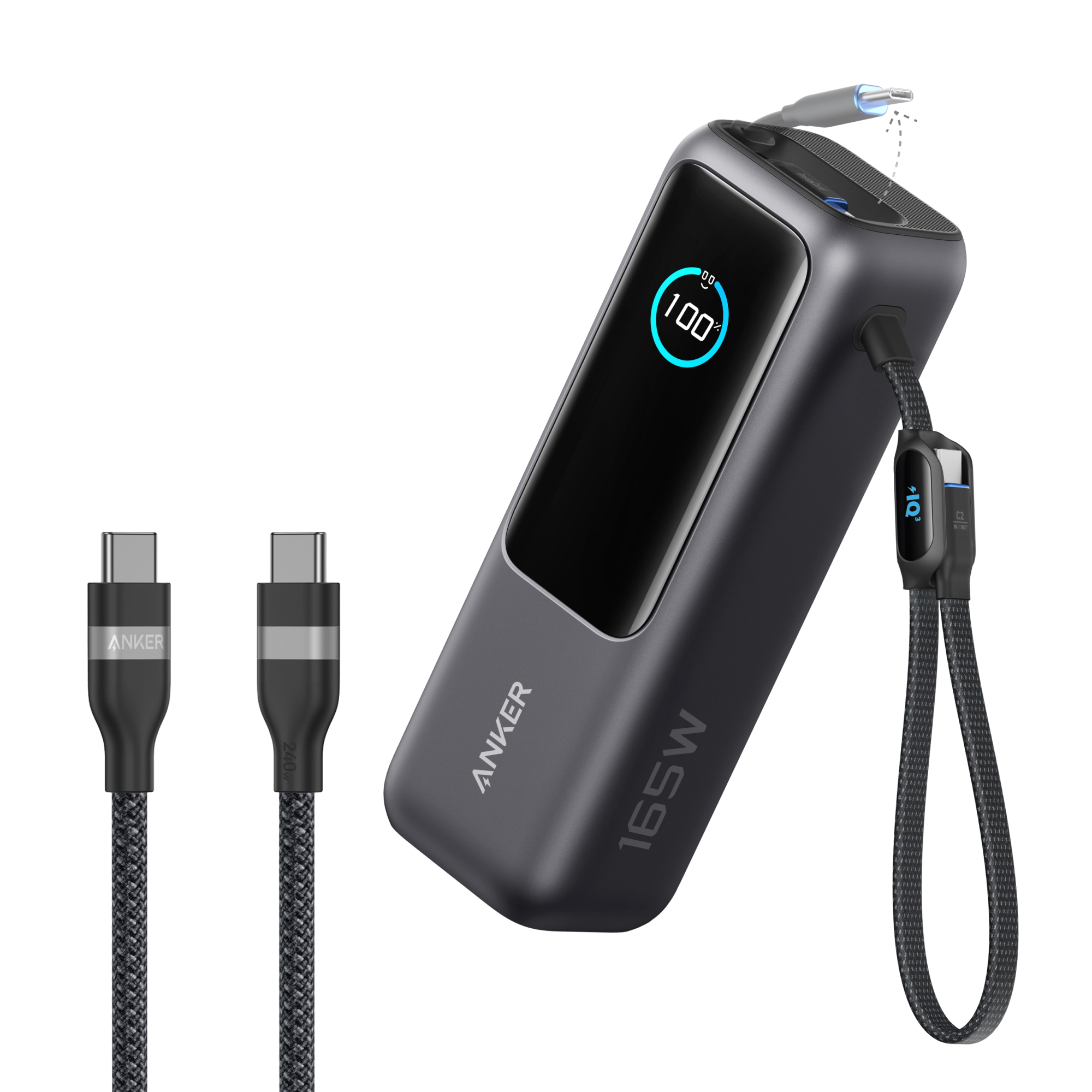 Laptop Power Bank (25K, 165W, Built-In and Retractable Cables) and USB-C to USB-C Cable (6 ft, 240W, Upcycled-Braided)