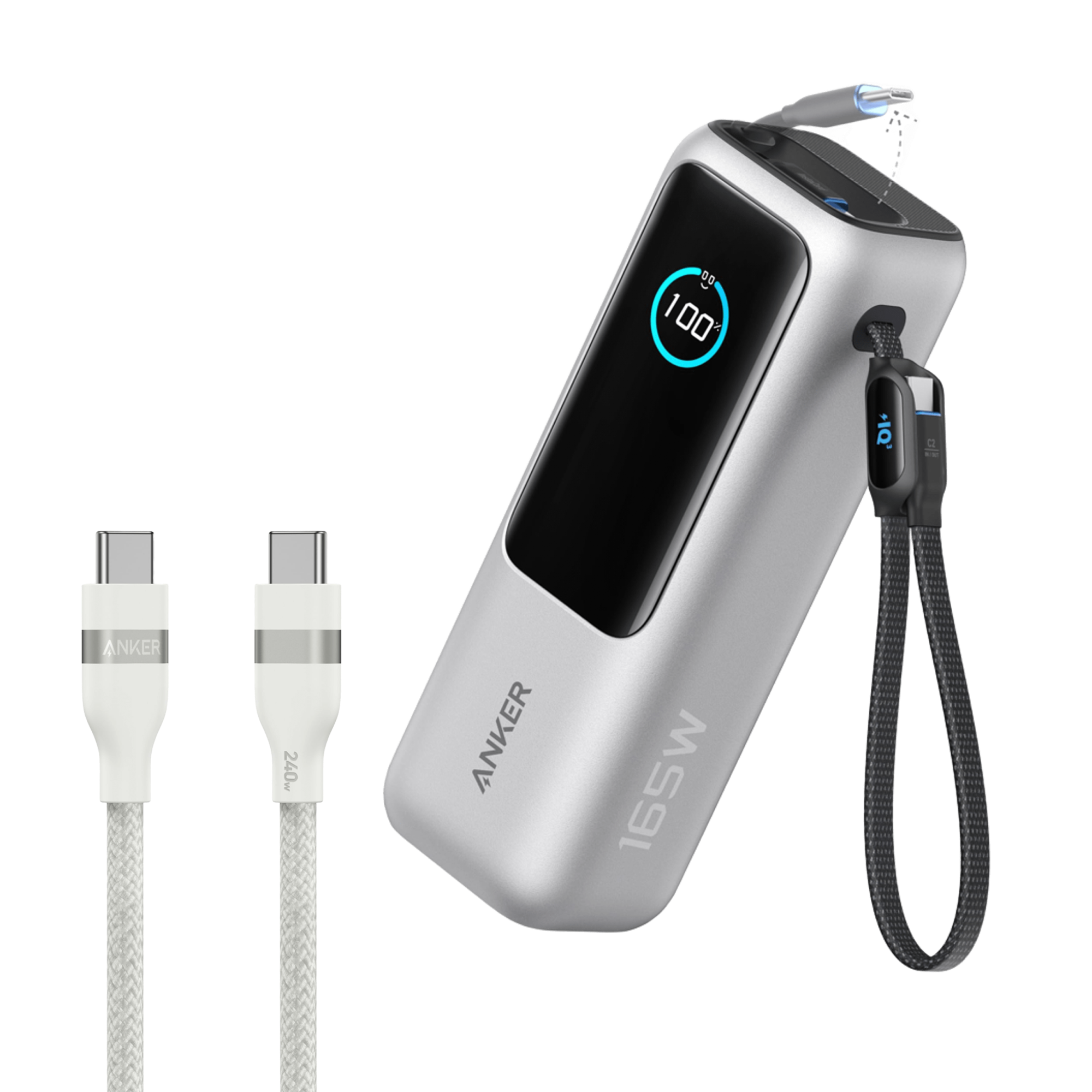 Laptop Power Bank (25K, 165W, Built-In and Retractable Cables) and USB-C to USB-C Cable (6 ft, 240W, Upcycled-Braided)