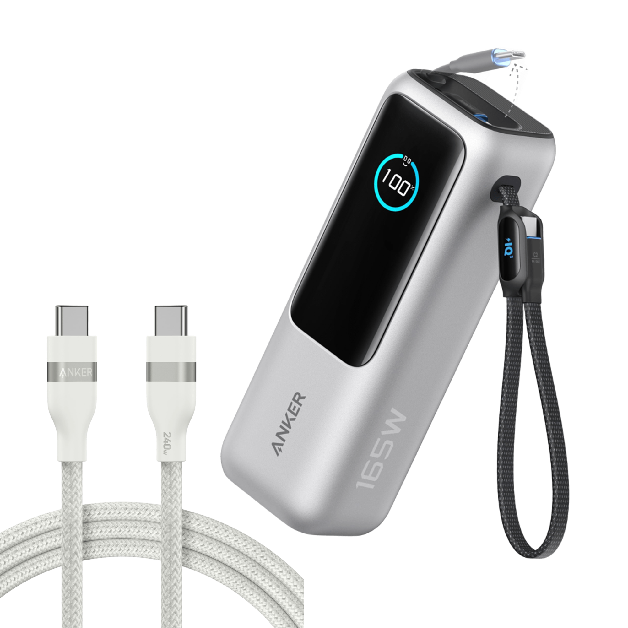 Laptop Power Bank (25K, 165W, Built-In and Retractable Cables) and USB-C to USB-C Cable (6 ft, 240W, Upcycled-Braided)