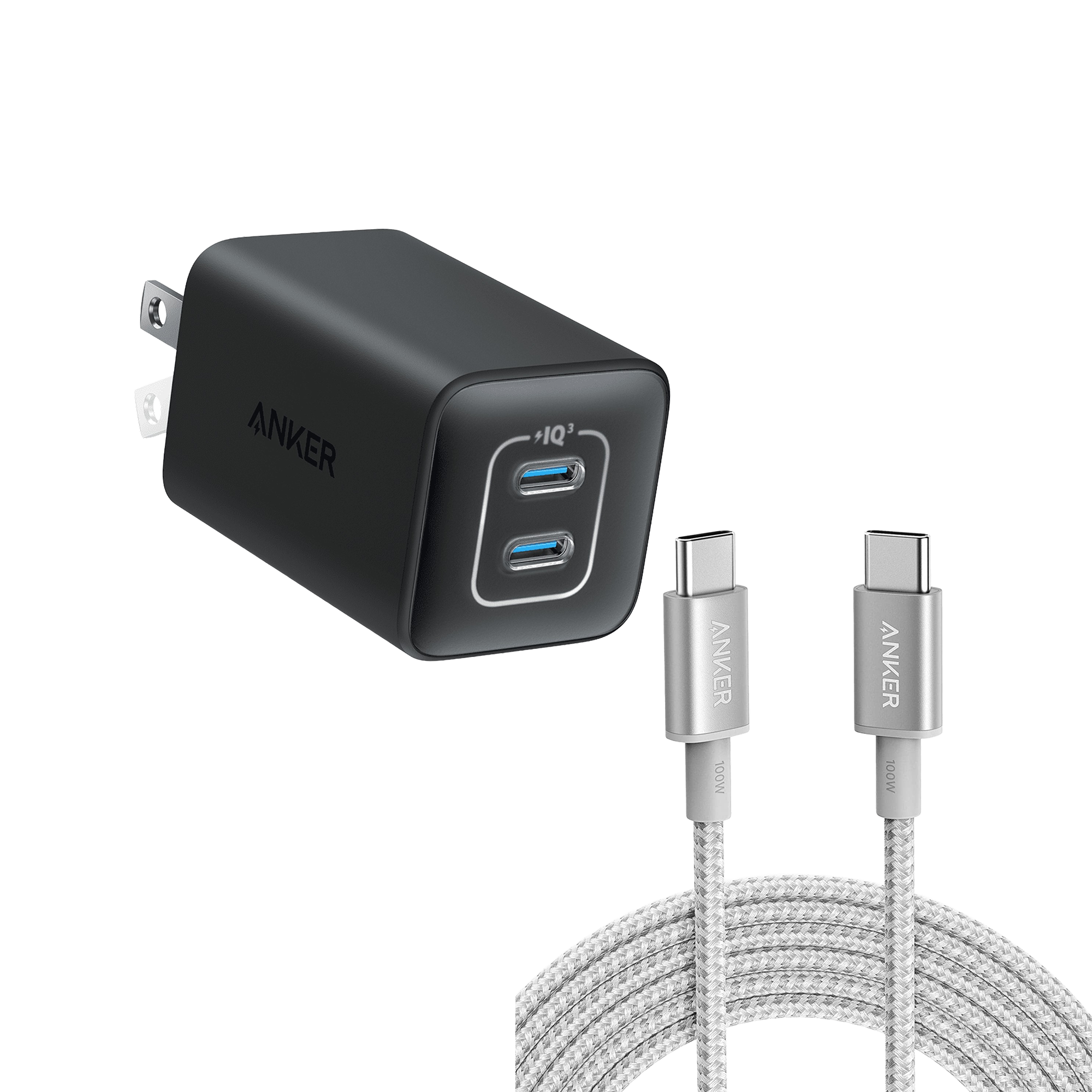 523 Charger (Nano 3, 47W) and New Nylon USB-C to USB-C 100W Cable (10 ft)