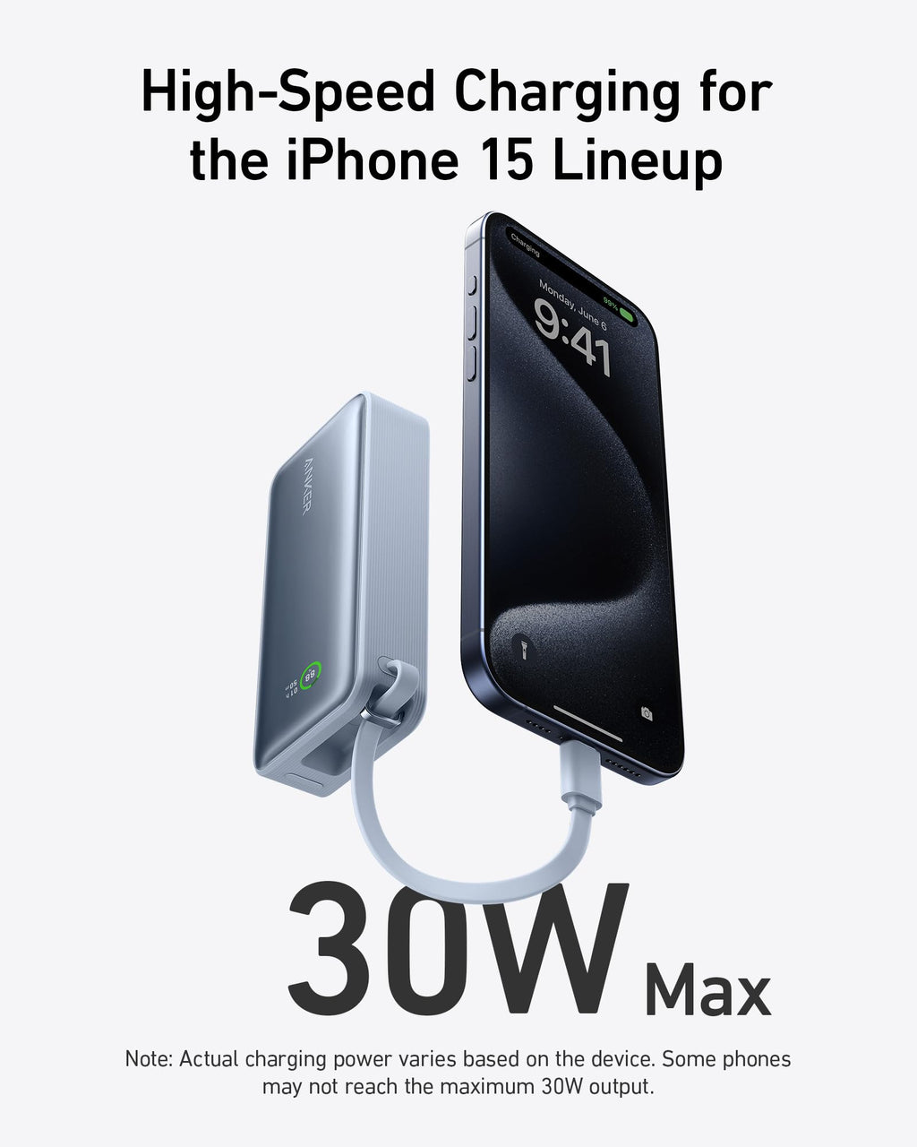 Anker power bank with iPhone 15 for high-speed charging, 30W Max