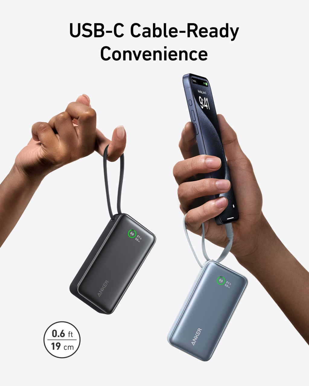 Anker power bank with USB-C cable, held for convenience