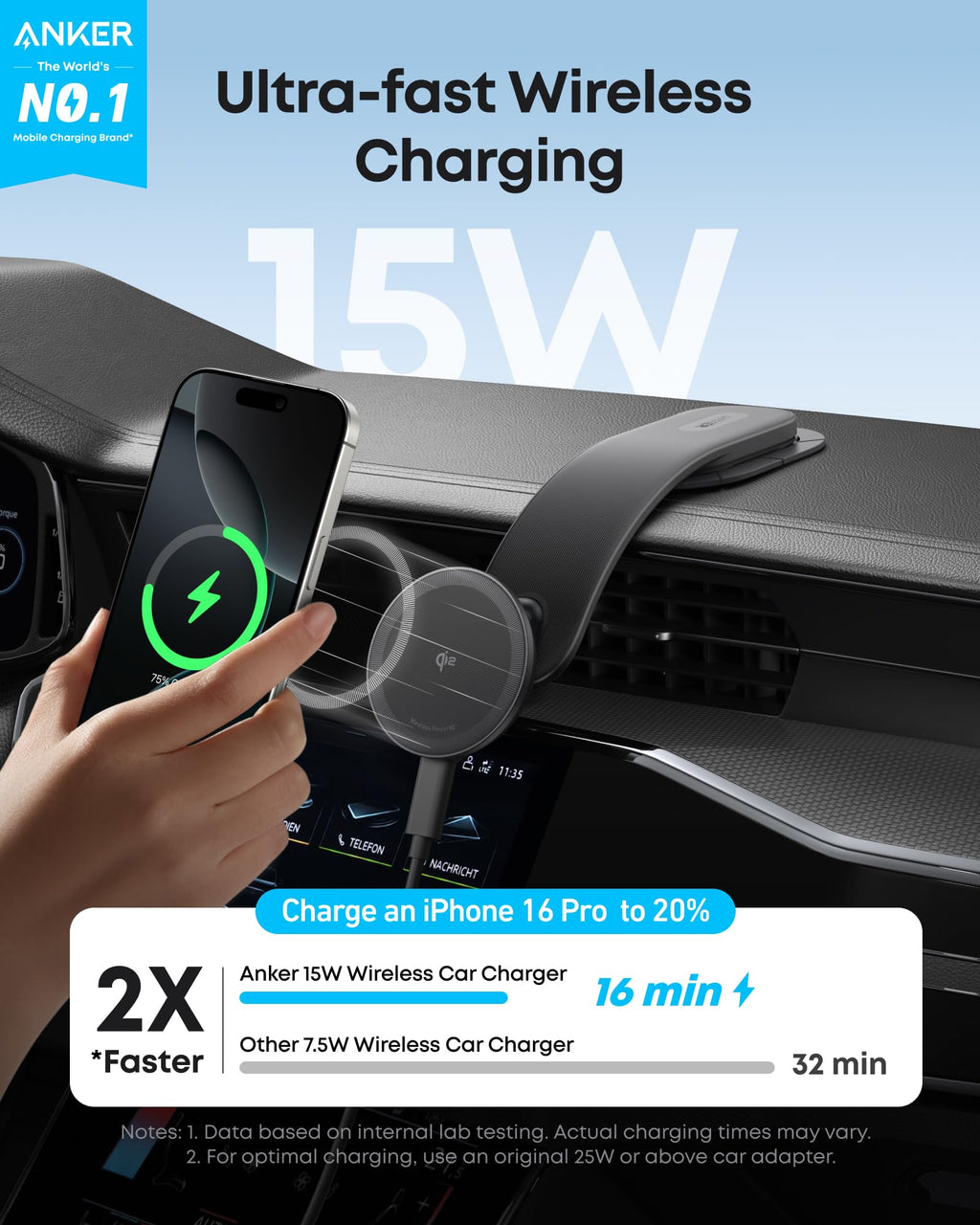 Anker 15W wireless car charger with ultra-fast charging