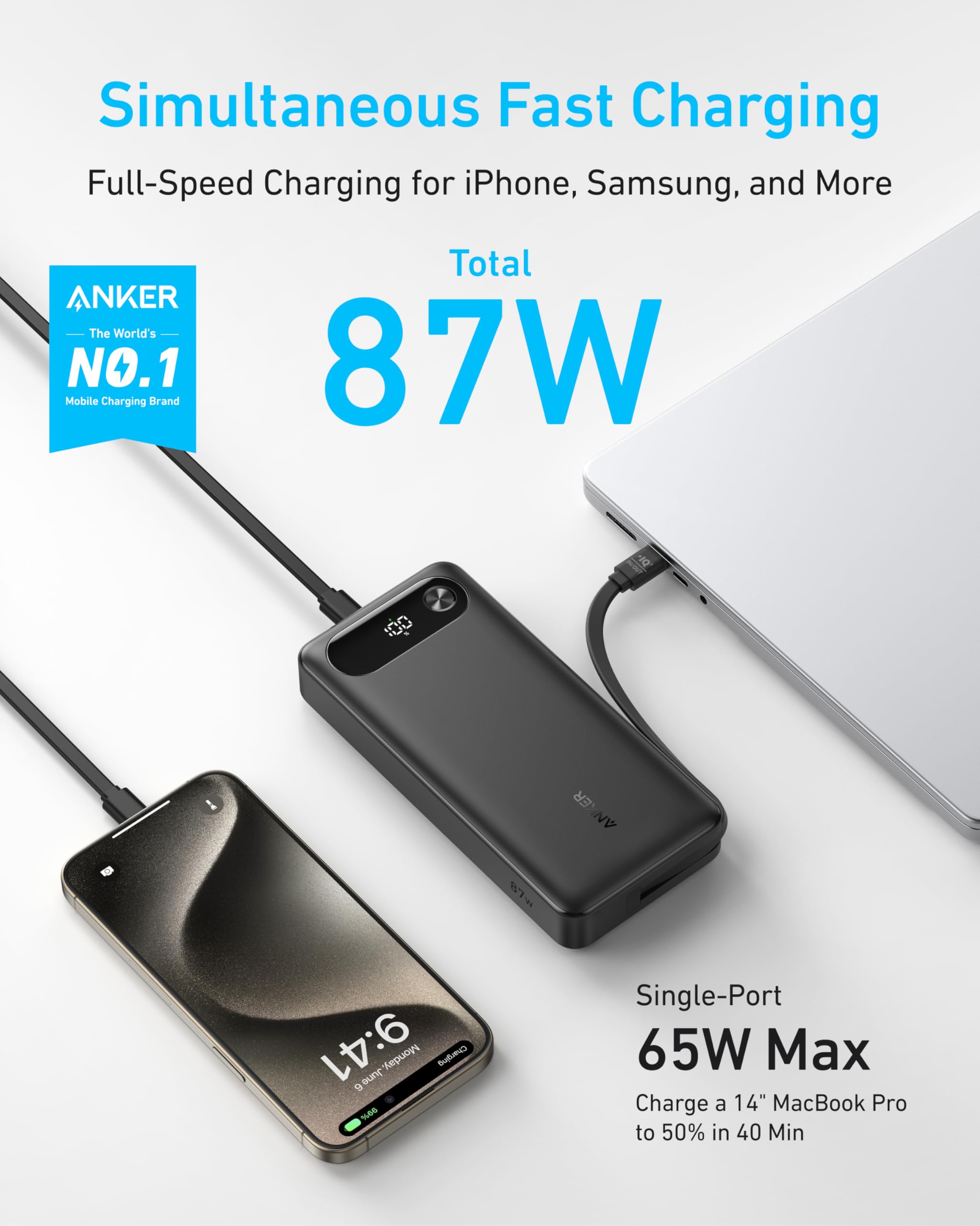 Anker with 87W simultaneous fast charging for laptop and phone.
