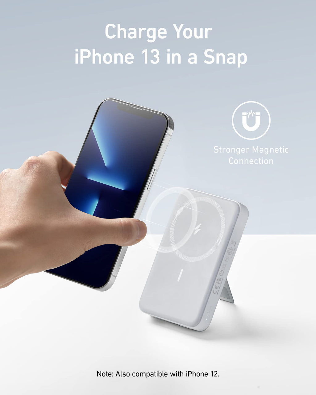 Anker magnetic charger with iPhone13 for fast snap charging.