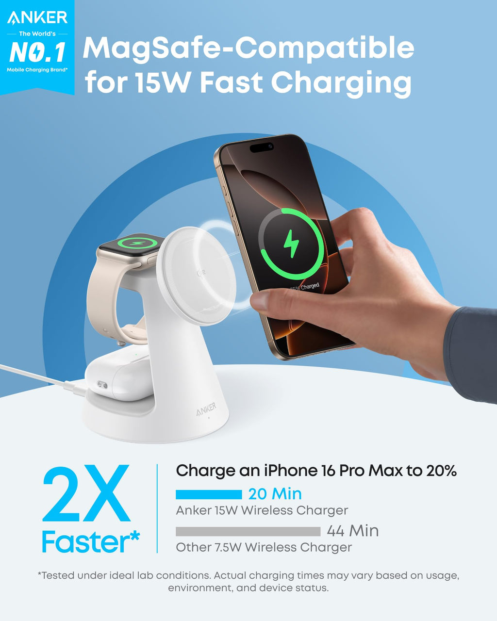 Anker 15W wireless charger with MagSafe-compatible fast charging for iPhone 16 Pro Max