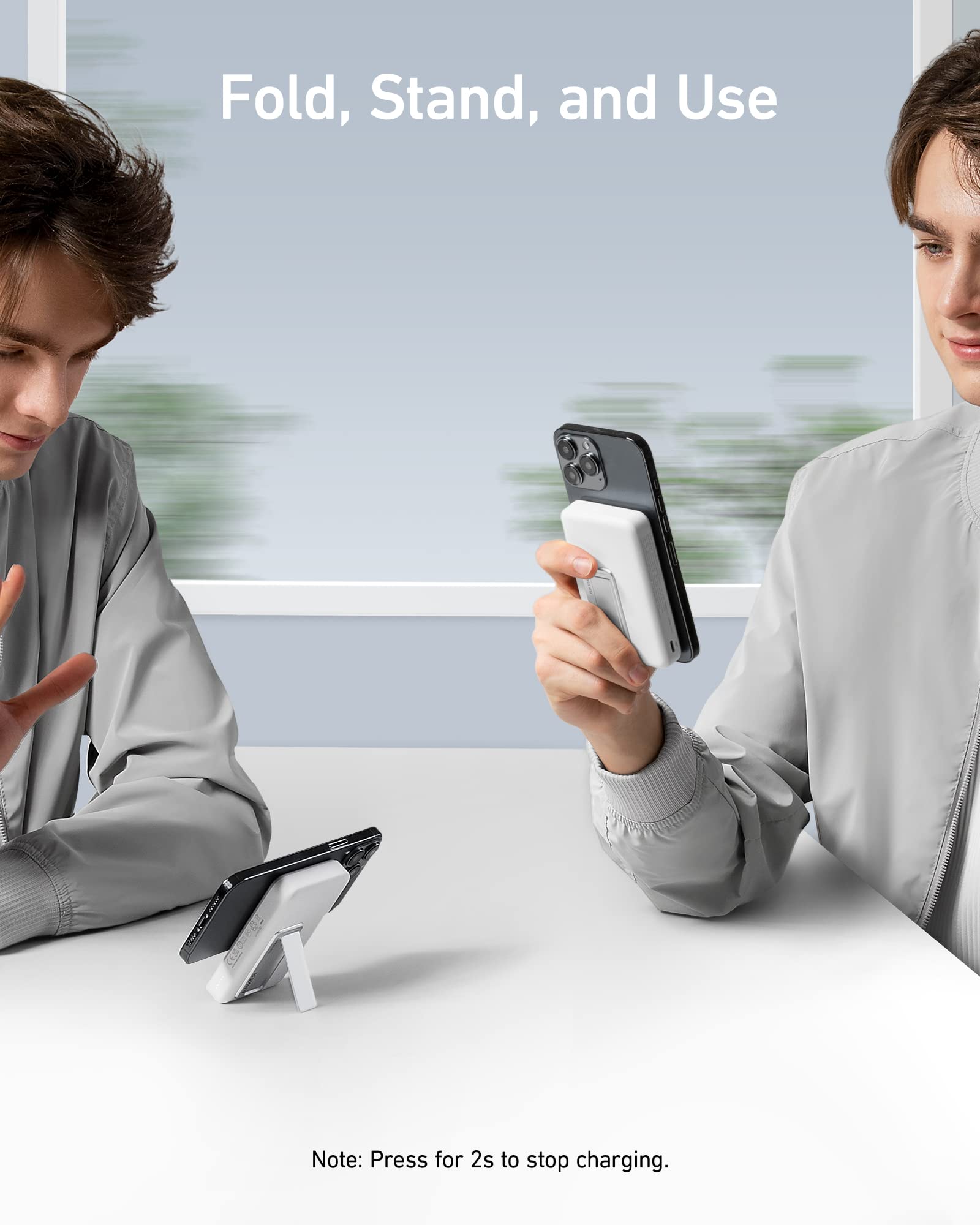 Anker foldable charger with iPhone for standing use.
