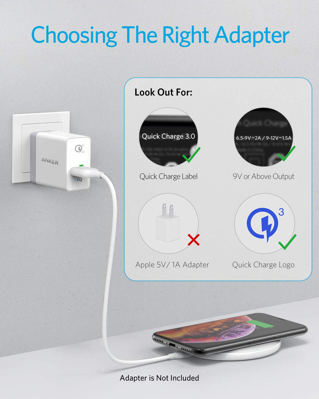 Anker adapter with Quick Charge label for fast charging