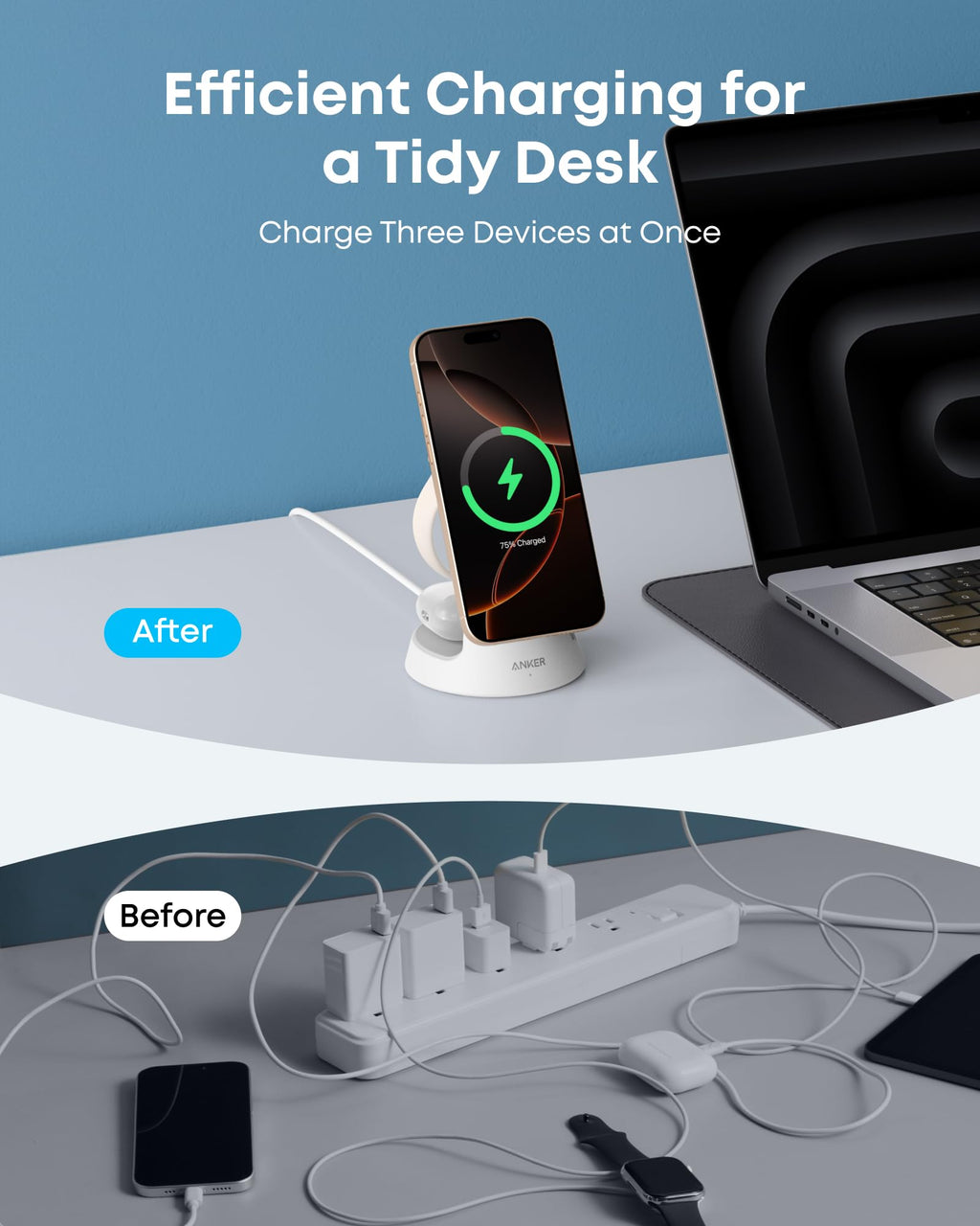 Anker with organized charging for three devices, tidy desk