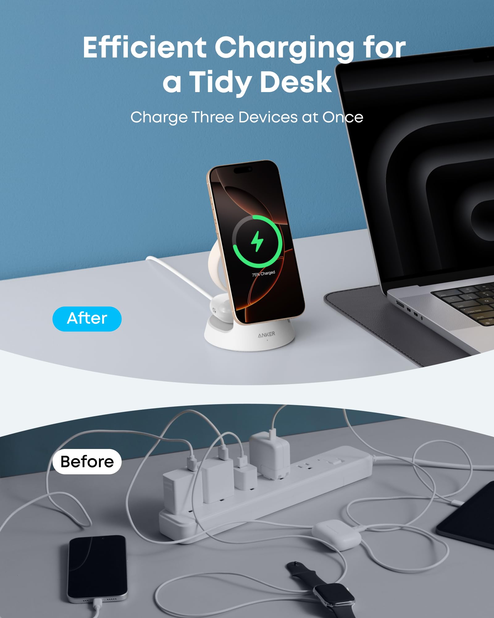 Anker with organized charging for three devices, tidy desk