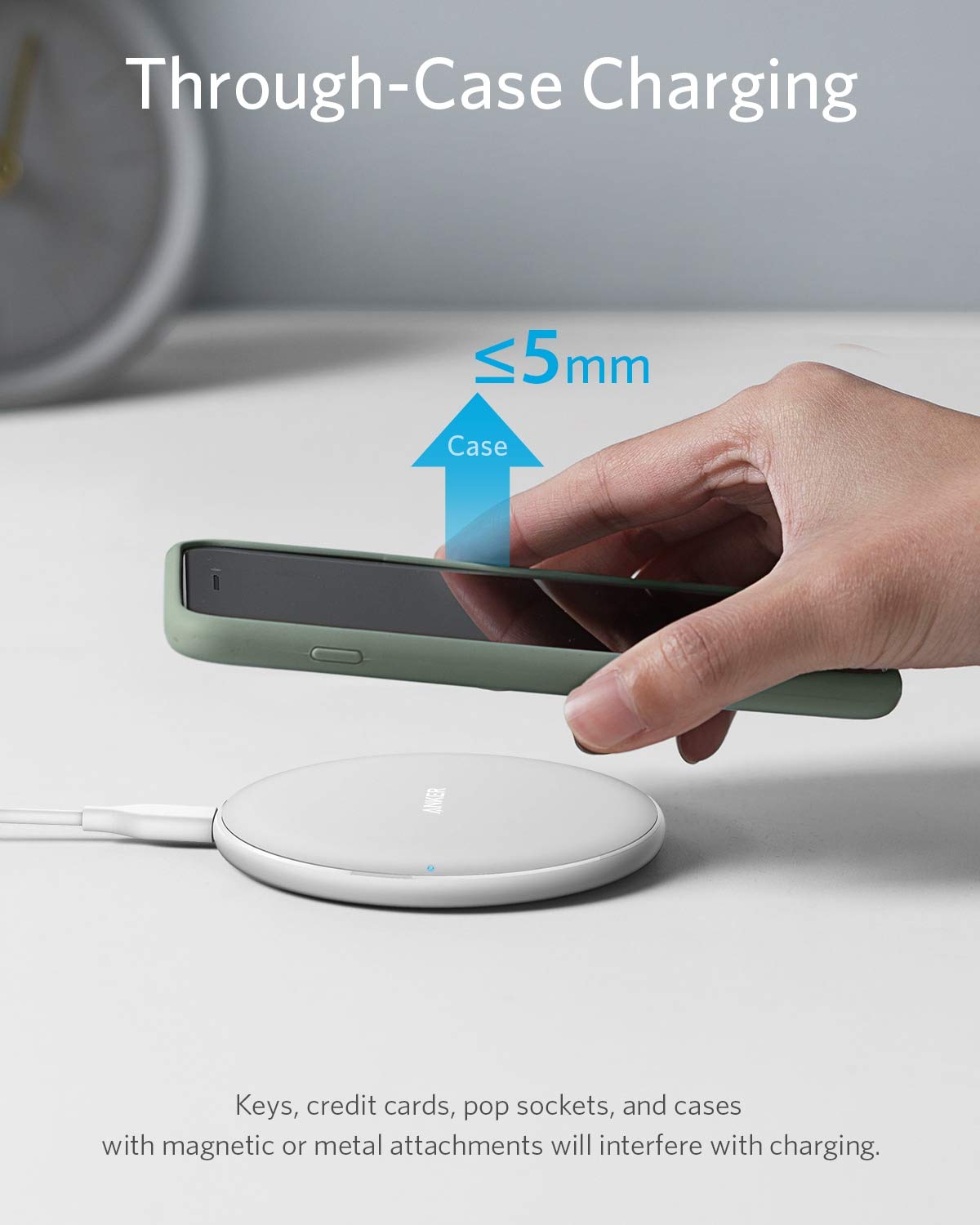 Anker wireless charger working through phone case for convenience