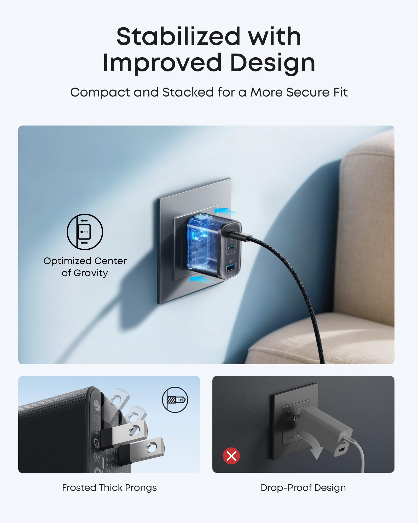 Anker charger with optimized center of gravity for compact fit