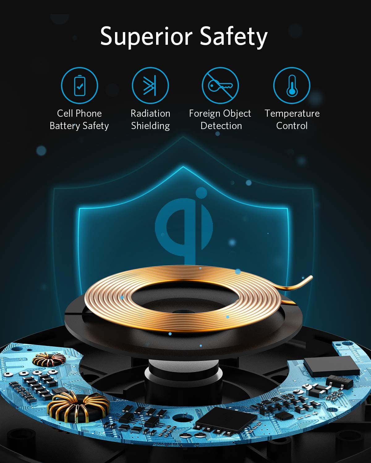Anker wireless charger with superior safety and golden coil