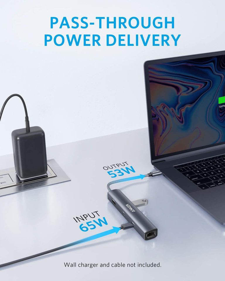 Anker USB-C hub with pass-through power delivery for laptop charging