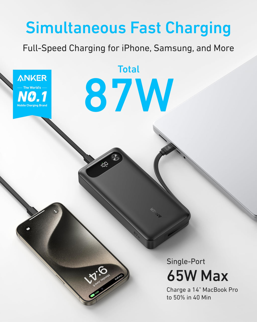 Anker simultaneous charging for laptop and phone with 87W total output
